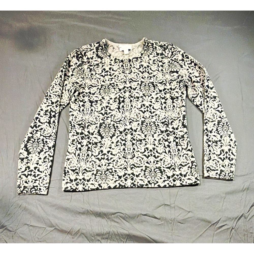Charter Club Womens S 100% Cashmere Damask Sweater Gray Black Crew Neck Pullover